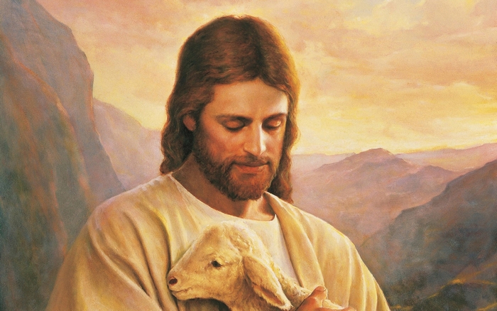 Jesus Holding a Lamb in a Serene Landscape