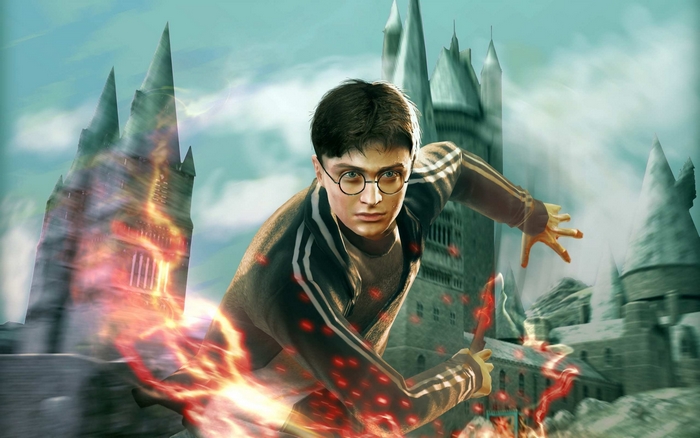Harry Potter running with magic in front of Hogwarts