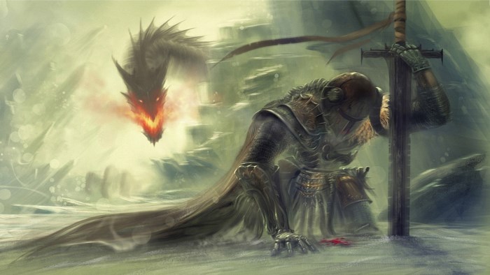 Knight kneeling before a dragon in a cave