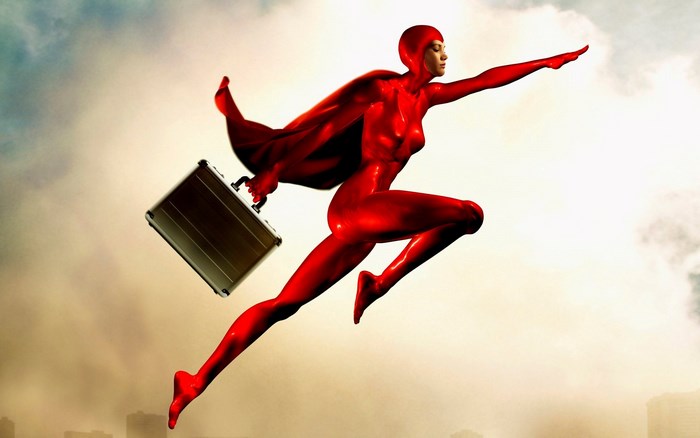Superhero in red suit flying with briefcase