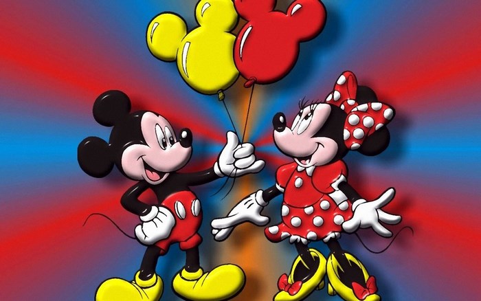 Mickey and Minnie Mouse holding balloons