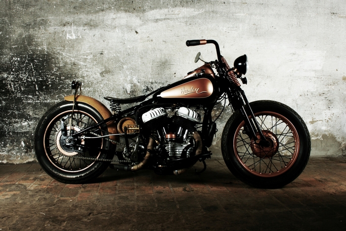 Custom Harley Davidson motorcycle in a studio