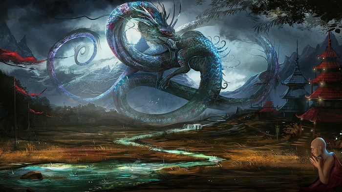 Dragon and Monk in a Mystical Landscape