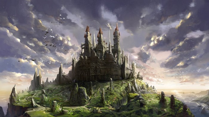 Fantasy castle on a rocky island with birds