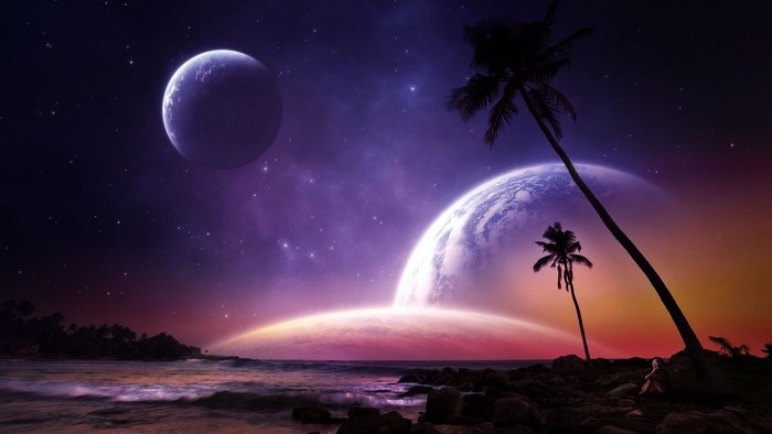 Fantasy alien beach with planets and palm trees