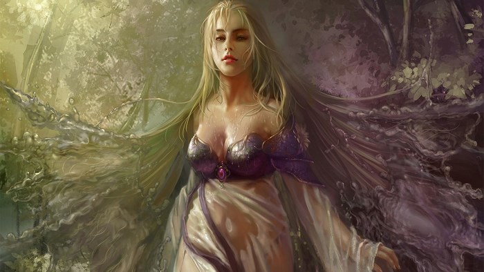 Fantasy woman with blonde hair in a forest