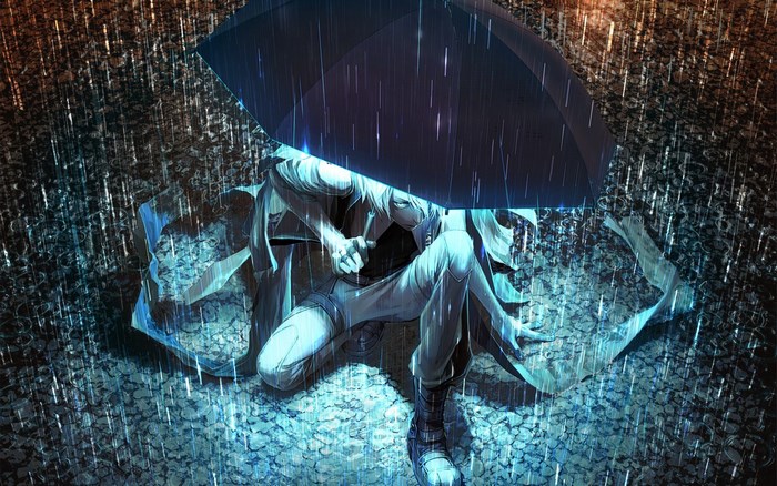 Man with white hair under umbrella in the rain