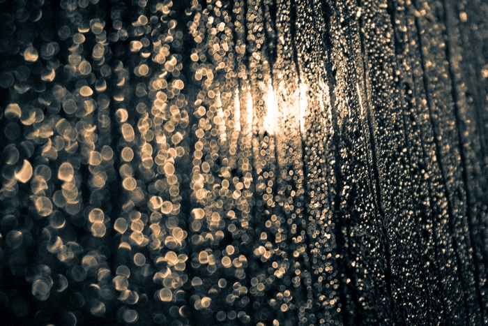 Raindrops on a window with sunlight