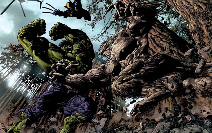 Hulk fighting Wendigo with Wolverine and helicopter in background