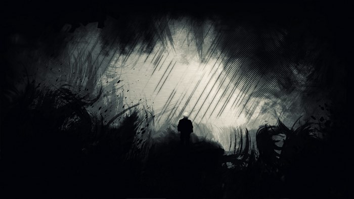 Silhouette of a person in a dark, abstract landscape