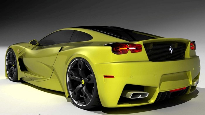 Yellow Ferrari sports car from rear
