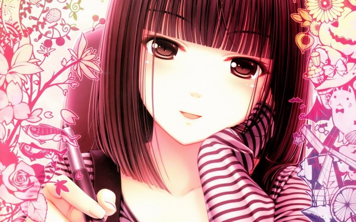 Anime girl with flowers and Halloween decorations