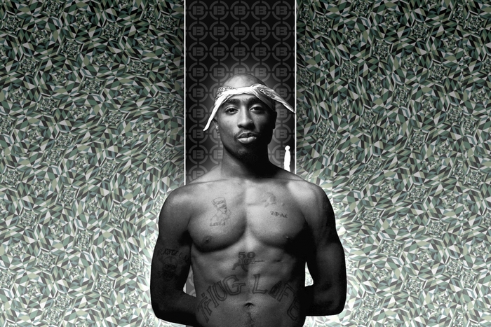 Tupac Shakur with bandana and tattoos