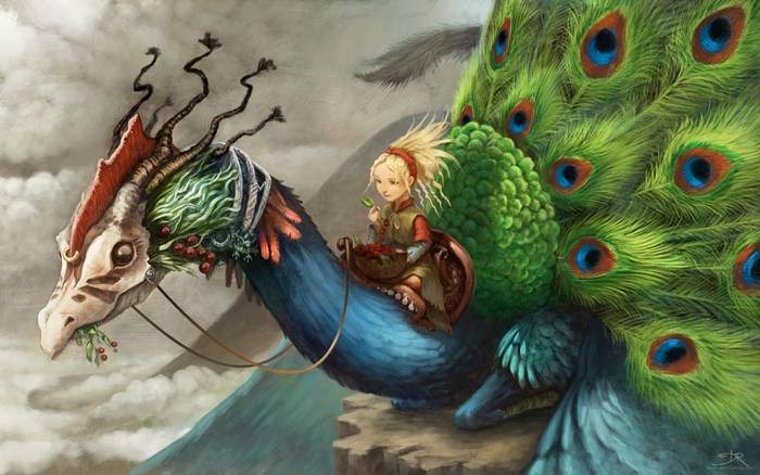 Girl riding a peacock-like creature