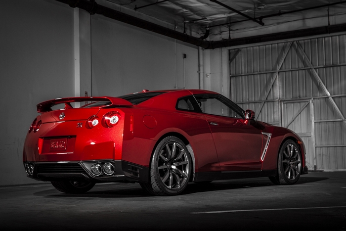 Red Nissan GT-R in a garage