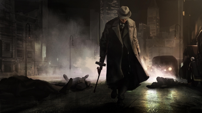 Mysterious Gangster Walking in Foggy City Street