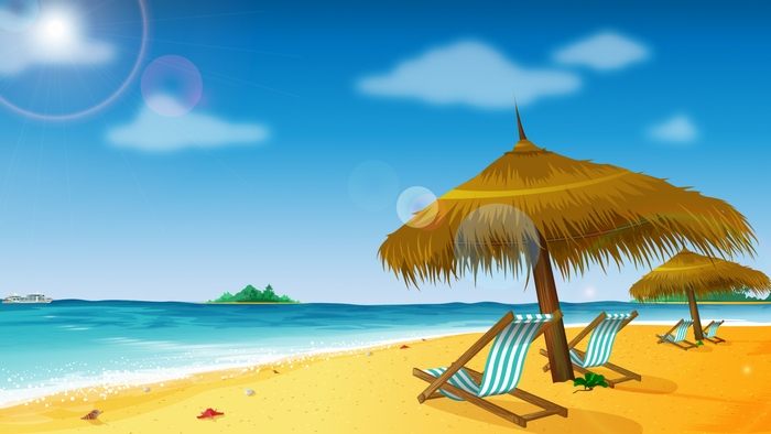 Tropical Beach with Umbrellas and Lounge Chairs
