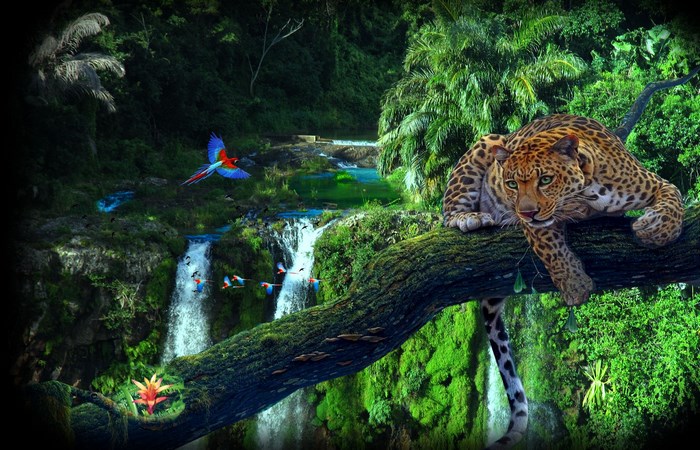 Leopard on a branch in a jungle with waterfalls and parrots