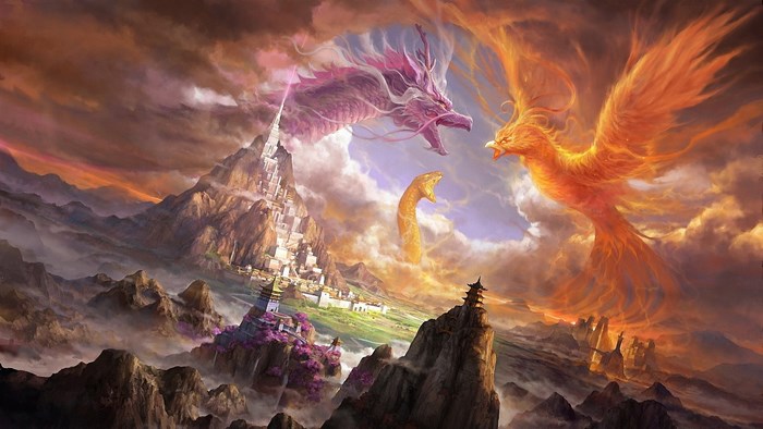 Dragon and Phoenix Battle Above Mountain City