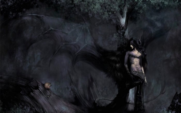 Dark angel with wings in a forest
