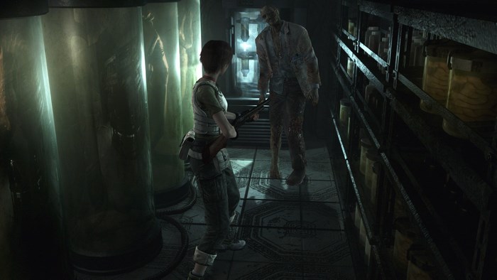 Jill Valentine from Resident Evil facing a zombie