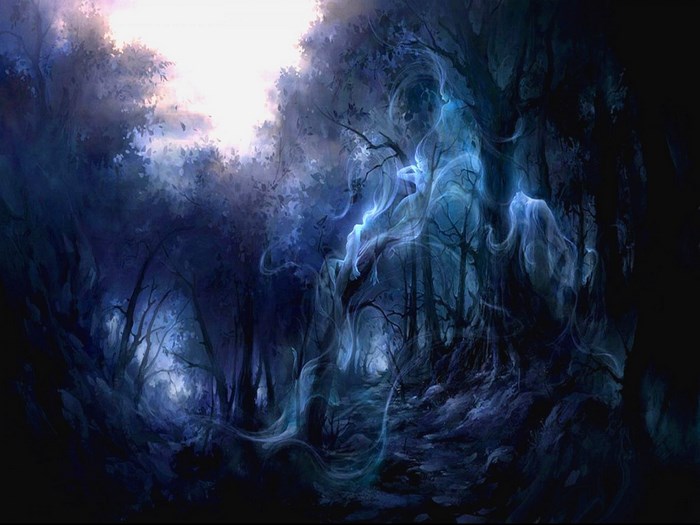 Ghostly figures in a dark forest