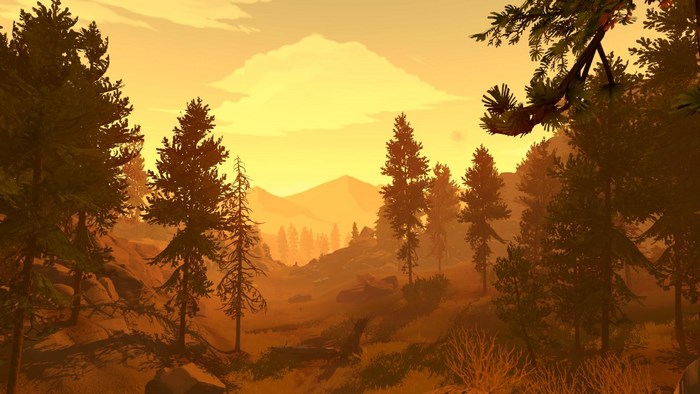 Firewatch game landscape with trees and mountains