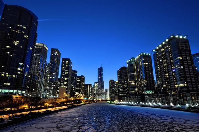 Chicago River at Night with Frozen Water