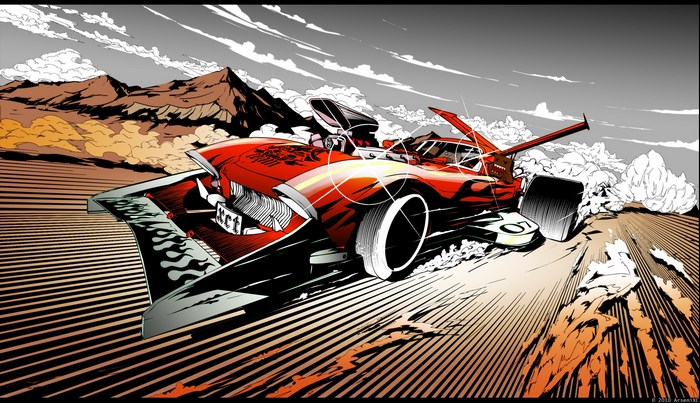 Red futuristic race car speeding through a desert landscape