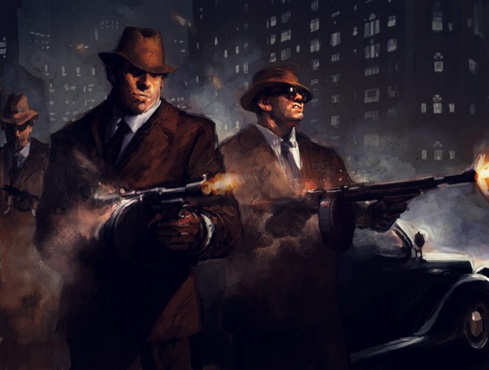 Gangsters firing Tommy guns in a city at night