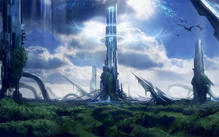 Futuristic city with tall towers and green landscape