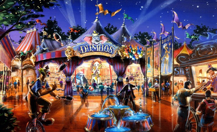 Dumbo's Flying Circus at a Nighttime Carnival