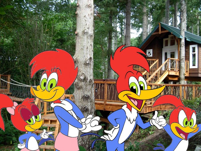 Woody Woodpecker and family in a treehouse