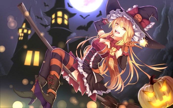 Anime Witch on Broomstick with Jack-o'-lantern