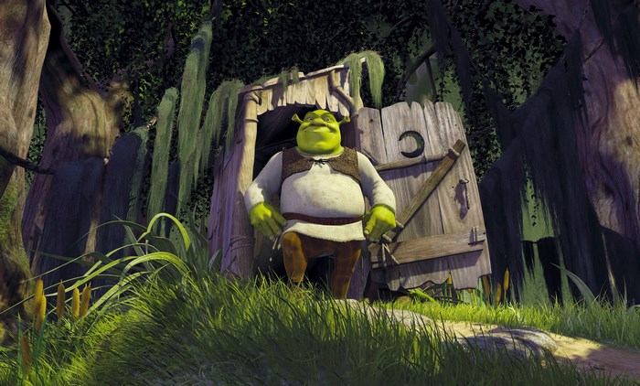 Shrek in front of his outhouse