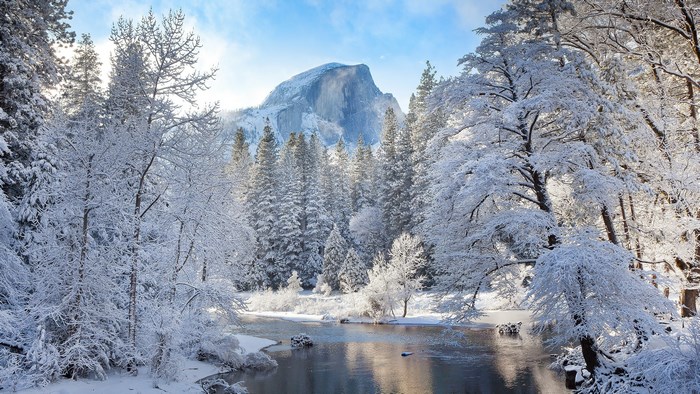 Winter scene with Half Dome in Yosemite