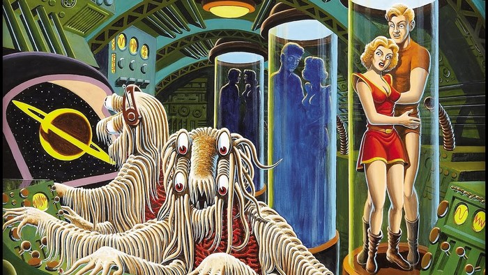 Weird Fantasy Sci-Fi Scene with Aliens and Humans