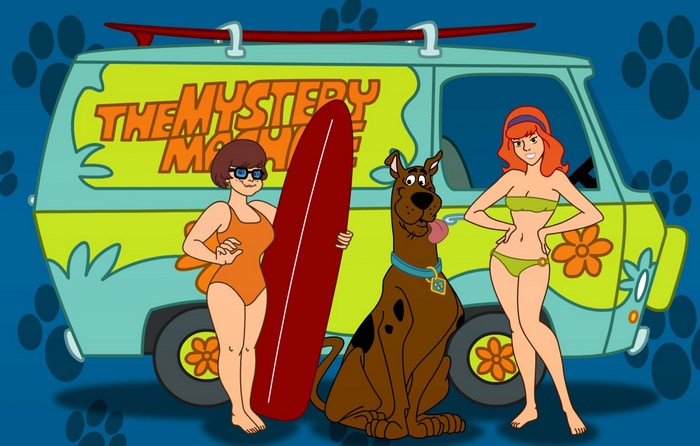 Scooby-Doo characters at the beach with the Mystery Machine