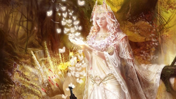Woman with glowing butterflies in a forest