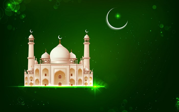 Elegant Mosque with Crescent Moon on Green Background