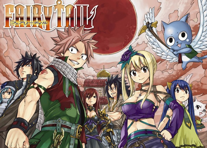 Fairy Tail characters with Natsu, Lucy, Gray, Erza, Wendy, Happy, and Gajeel