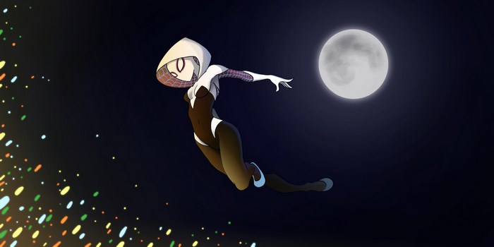 Spider-Gwen flying under the moon