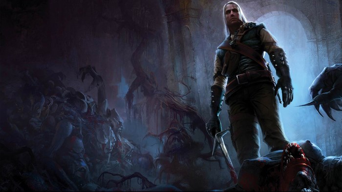 Geralt of Rivia fighting monsters in a dark cave