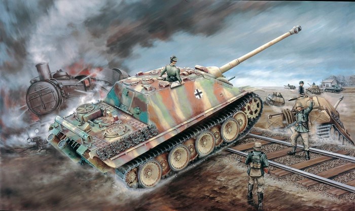 Jagdpanther tank destroying a train