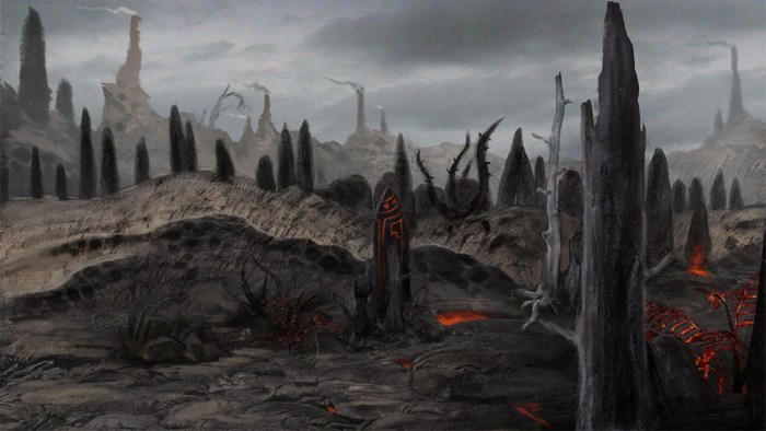 Morrowind landscape with volcanic rock formations and glowing lava