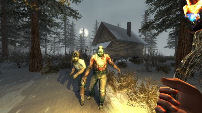 Two zombies in front of a cabin in 7 Days to Die