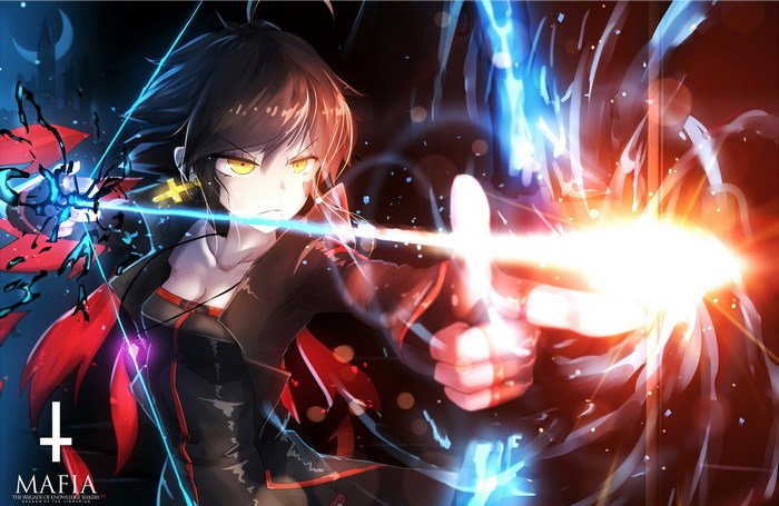 Girl with yellow eyes aiming a bow with glowing arrow
