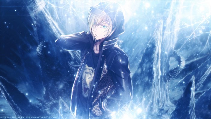 Yuri Katsuki from Yuri!!! on Ice in a blue icy environment