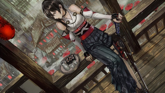 Samurai woman with sword and sake set