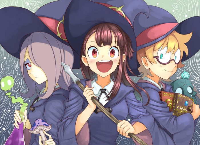 Little Witch Academia characters Akko, Sucy, and Lotte